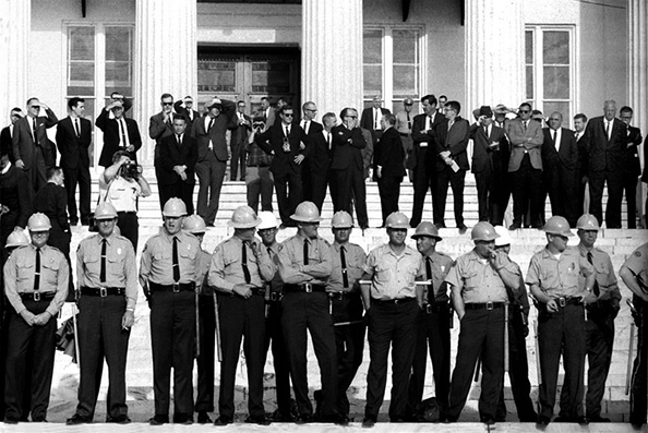 Stephen Somerstein State troopers arrayed on steps of Montgomery, Alabama State House. Officials on top steps, Selma to Montgomery, Alabama Civil Rights March, March 25, 1965