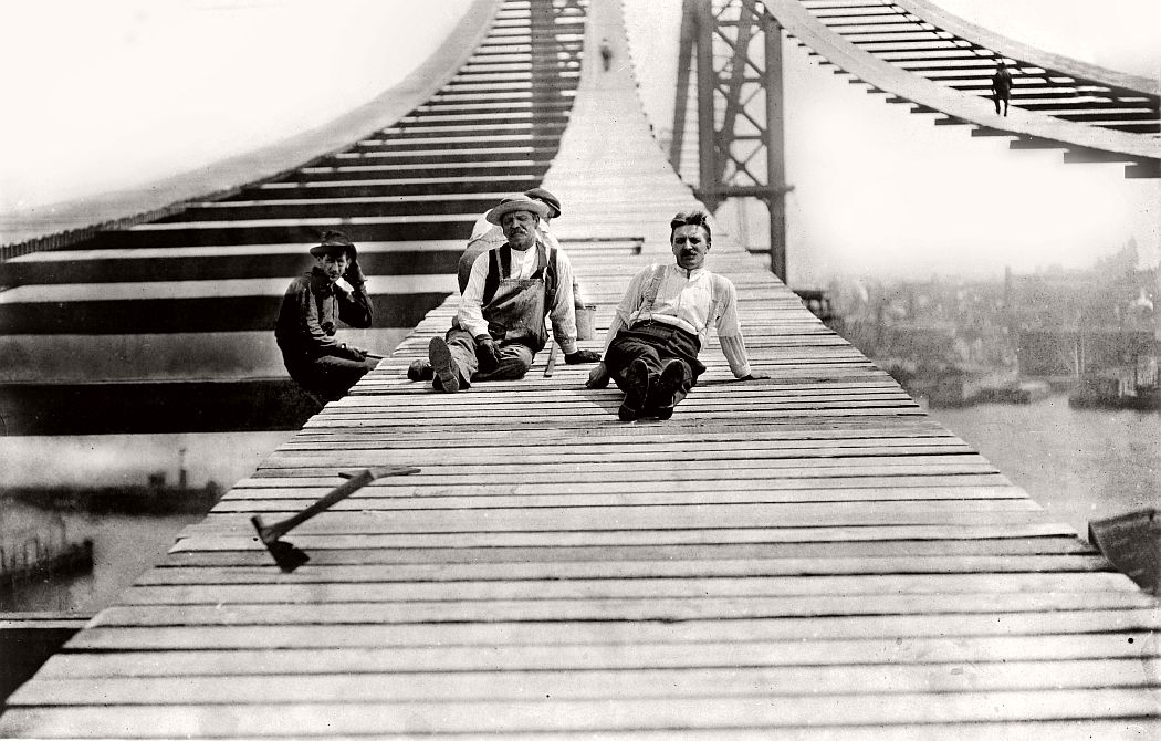Footpaths on new Manhattan Bridge. Vintage: Manhattan Bridge Under Construction, New York, 1907