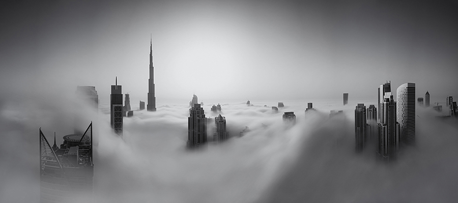 Panorama of Downtown Dubai engulfed by the late morning fog.  119 Megapixels - 0.11 Gigapixels