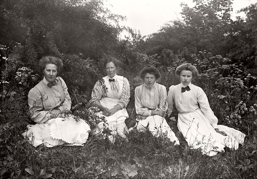 Four ladies in green grass from one of the manor houses of Vrångsjö or Hästeryd, ca. 1912.