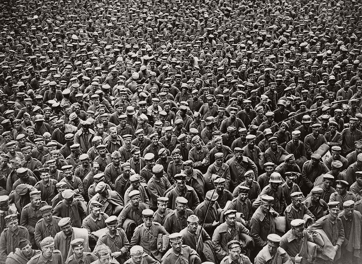   Massed German prisoners in France, probably taken after the Allied advance of August 1918. # National Library of Scotland