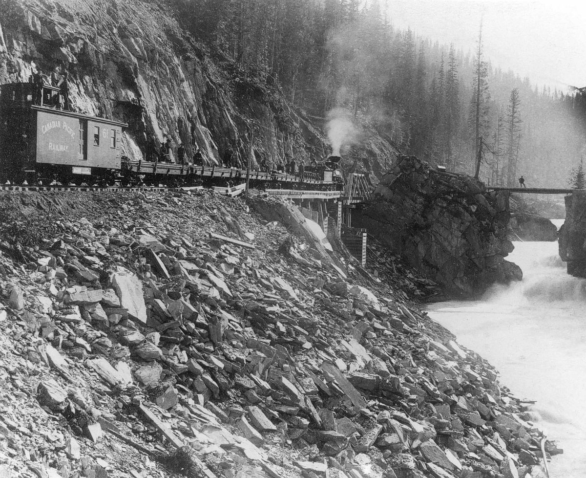 Canadian Pacific Railway freight train at Devil's Gate, Beaver Canyon, British Columbia. Date: [ca. 1880s]