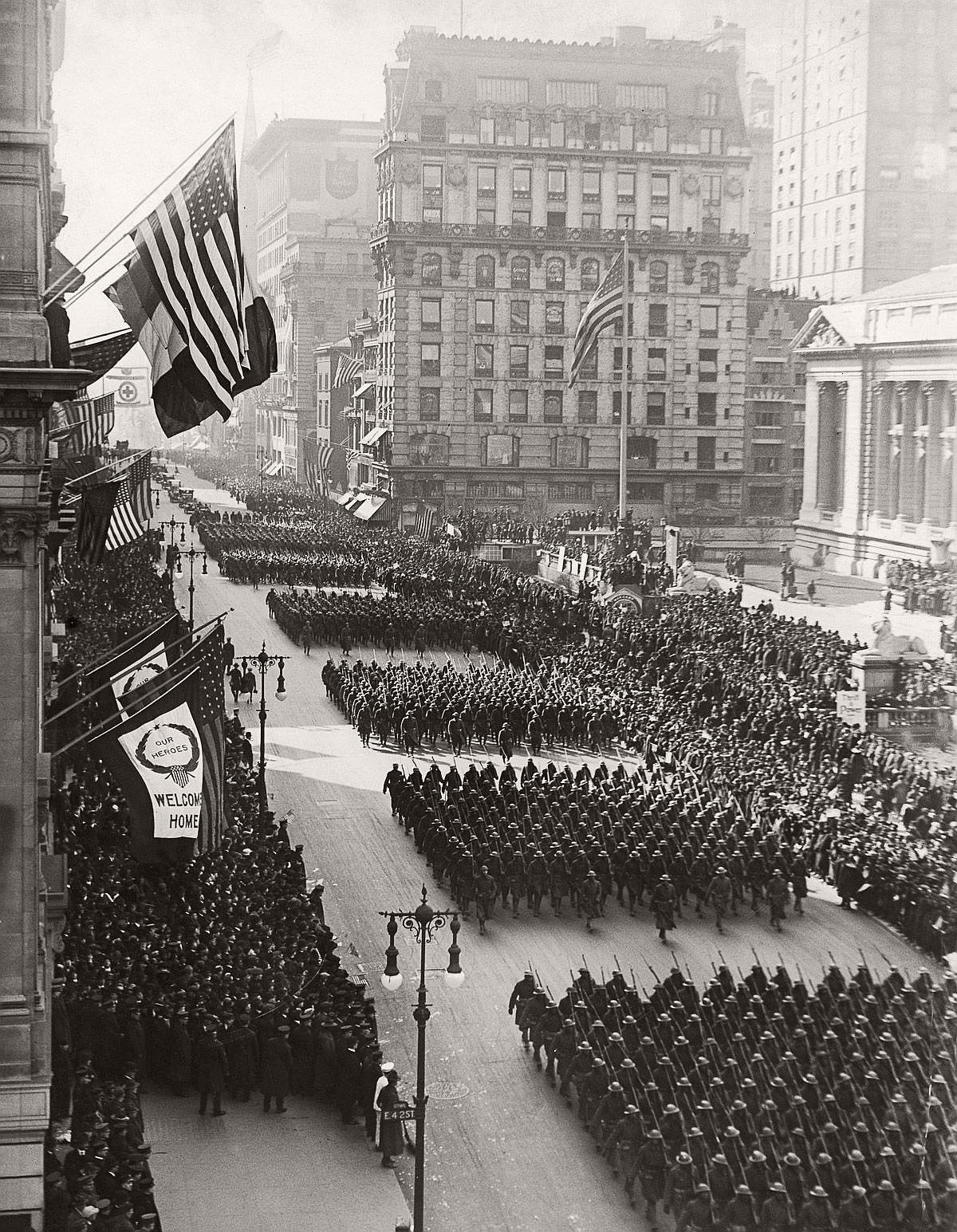 The 369th parades up Fifth Avenue upon their return to New York. Feb. 17, 1919. (FPG/Hulton Archive/Getty Images)