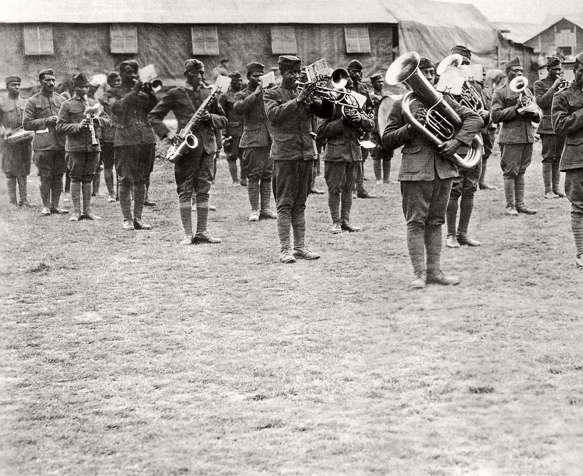 Members of the 369th Infantry band perform under the direction of Lt. James Reese Europe in France, 1918. (Underwood Archives/Getty Images)