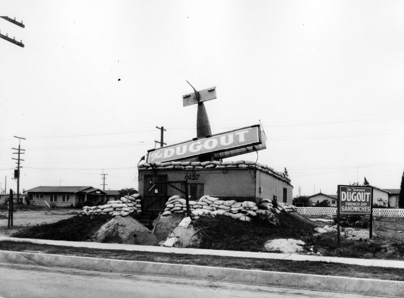 The Dugout sandwich stand had a prop plane looking like it crashed into its roof. It was located at 6157 E. Whittier Blvd., and this photo was snapped on October 10, 1929.