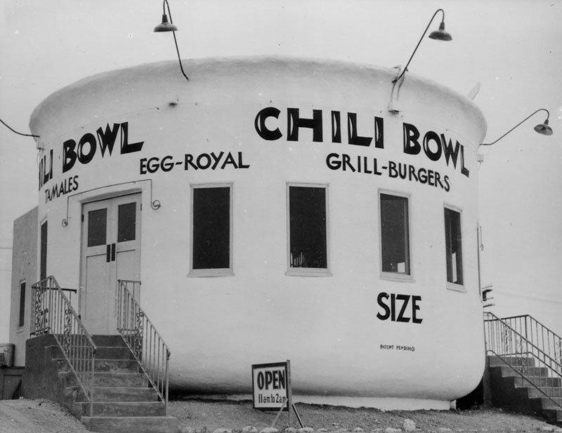 This was one of six Chili Bowl restaurants, in the shape of an actual bowl. This one was located at 3012 Crenshaw Blvd.