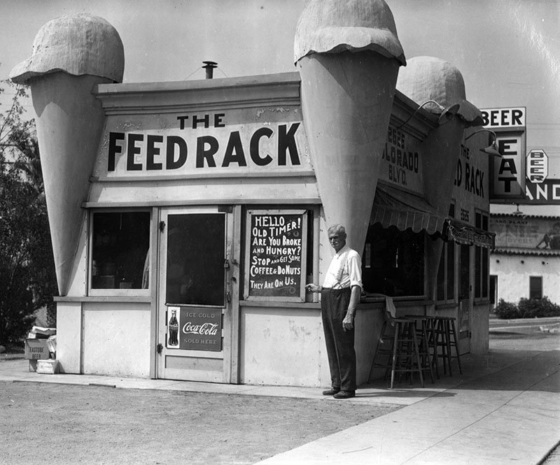 This was originally an ice cream parlor, but later became the Feed Rack restaurant during the Depression.