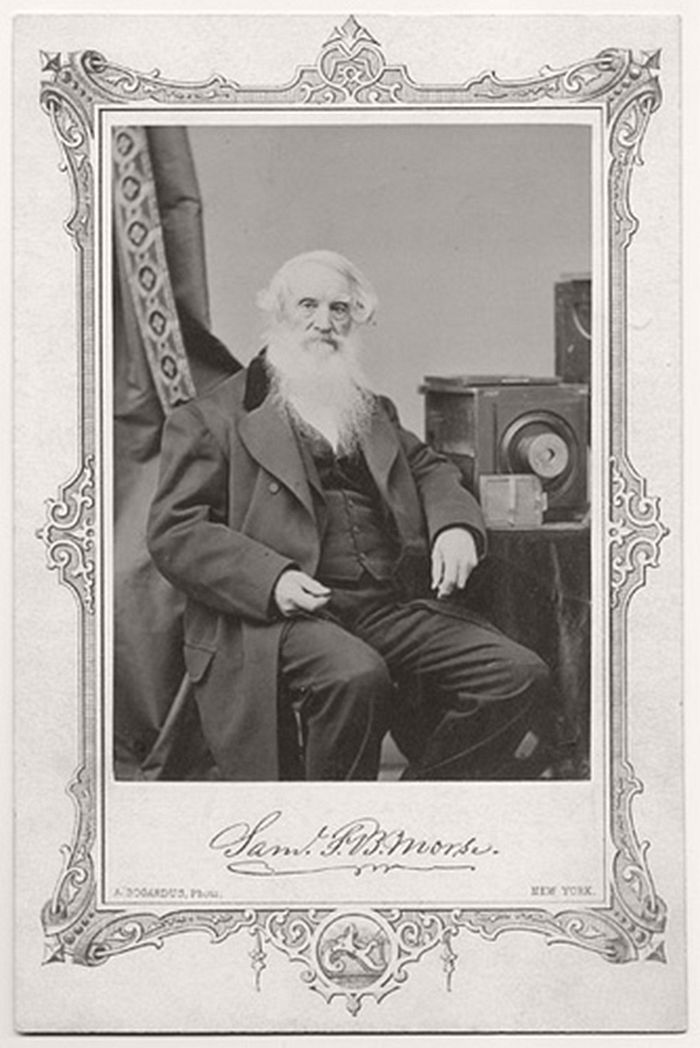 Samuel F. B. Morse with his camera. The albumen photograph by A. Bogardus of New York shows an older Morse with his daguerreotype camera beside him on a table. In addition to his accomplishments as a painter and inventor of the telegraph Morse was a very early practitioner of the daguerreotype process. He was given a demonstration by Daguerre himself in 1839 before the public presentation. Morse taught the process to a succession of eager American photographers, including Mathew Brady.