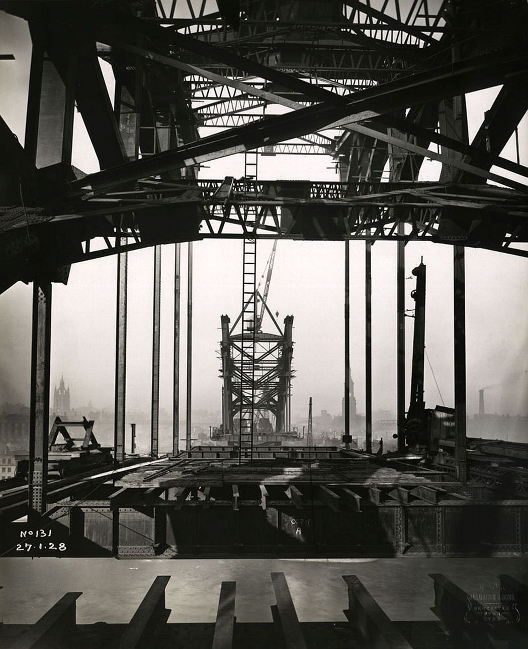 View through the girders from the Gateshead side of the Tyne Bridge to the Newcastle side, 27 January 1928