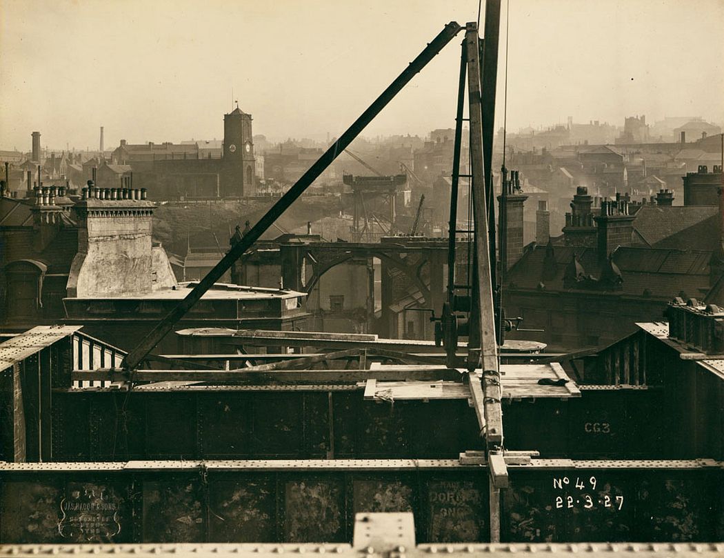 View of the Tyne Bridge in the very early stages of construction, looking from Newcastle upon Tyne over towards Gateshead, 22 March 1927