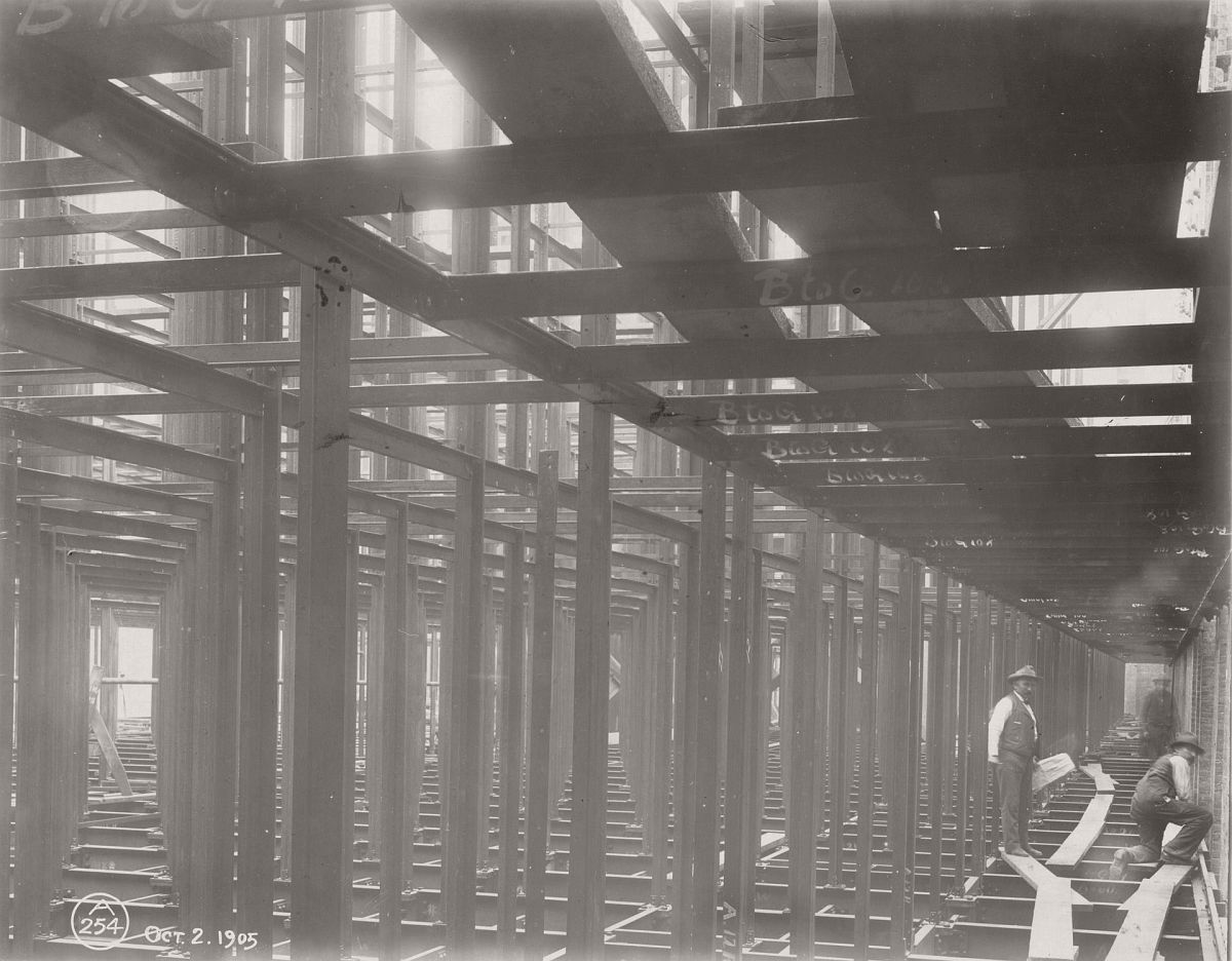 The structural framework of the central building of the New York Public Library, 1905. Photograph: New York Public Library