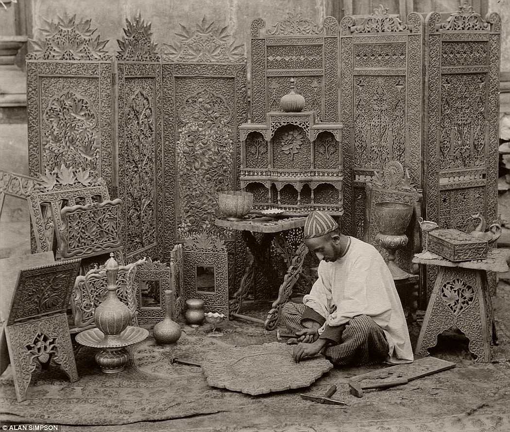 A woodcarver in Kashmir photographed by Fred Bremner in about 1896.