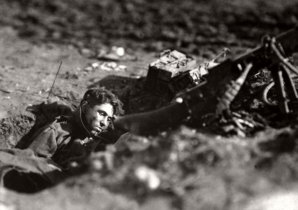   German machine-gun nest and dead gunner at Villers Devy Dun Sassey, France, on November 4, 1918—one week before the end of the war. # NARA / Lt. M. S. Lentz / U.S. Army