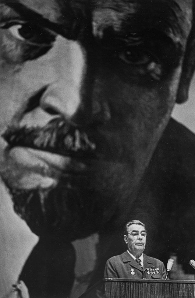 "Without Looking Back (The Two Ilyiches): Brezhnev Gives a Speech Close-up Version," silver gelatin print by Dmitri Baltermants. Bowdoin College Museum of Art.