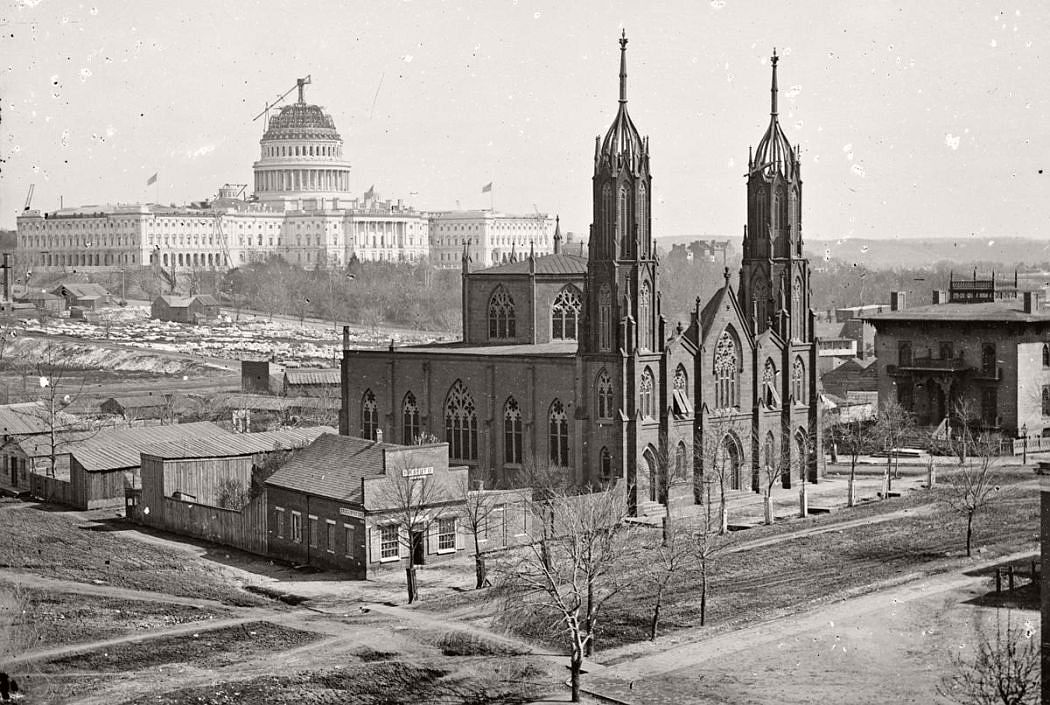 During the Civil War, Capital dome not finished, Washington DC,1863