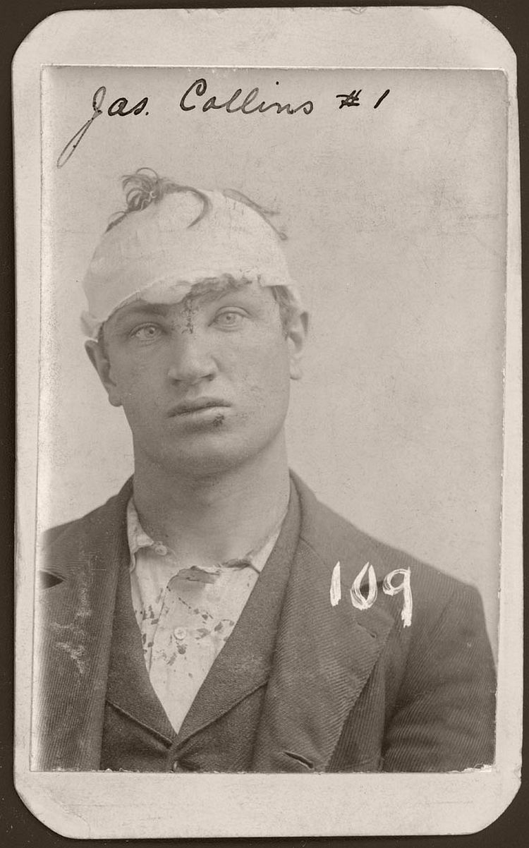  James Collins was arrested in Omaha in May 12, 1897 for burglary. In his mug shot, Collin's head has been bandaged. According to the police record, Collins escaped and was rearrested. The 23 year-old Omaha tailor was sent to the Nebraska State Prison on March 19, 1898, to serve a five-year sentence.