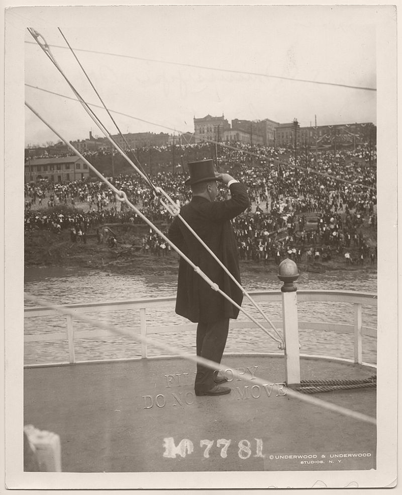 President Theodore Roosevelt on the deck of the USS Mississippi, approaching Memphis, Tennessee. On October 4, 1907, President Theodore Roosevelt made a speech in Memphis on the development of the waterways.