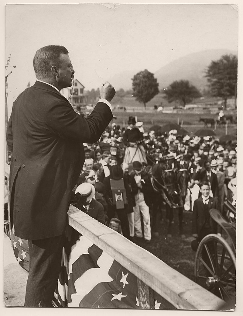 President Theodore Roosevelt delivering a speech in Bellows Falls, Vermont. September 1, 1902. In the Summer of 1902, President Theodore Roosevelt delivered speeches while on a tour through New England.