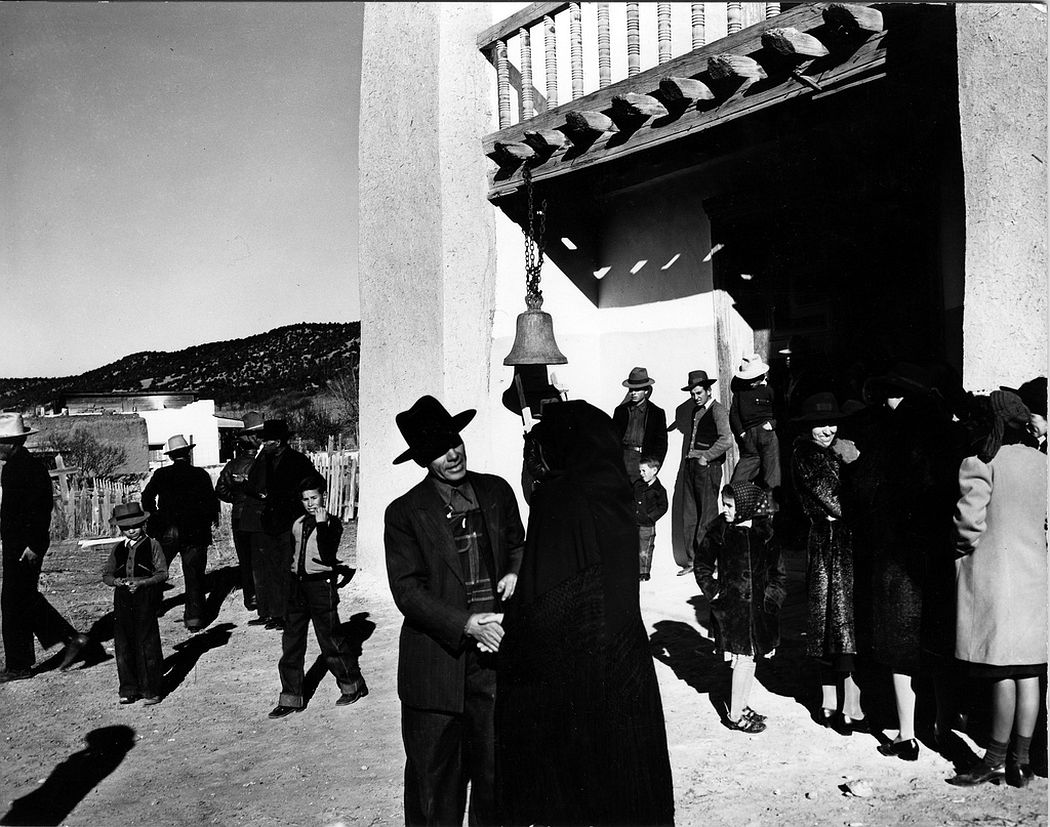 Congregation leaving after mass, San José de Gracia, Trampas, New Mexico, 1943