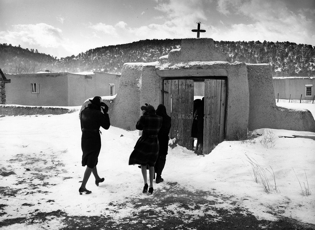 Congregation leaving after mass, Trampas, New Mexico, 1943
