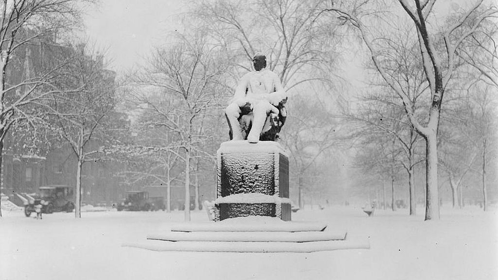 Circa February 1922. Statue of Garrison, Comm. Ave., covered with snow.
