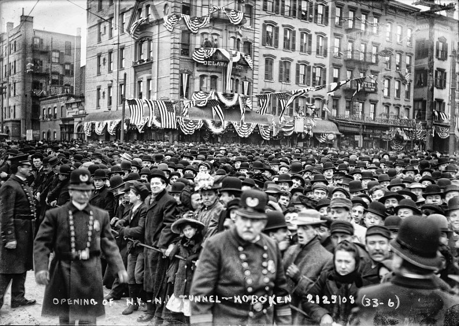 Holland Tunnel on opening day (Delaware Hotel in the background), Hoboken, NJ, 1908