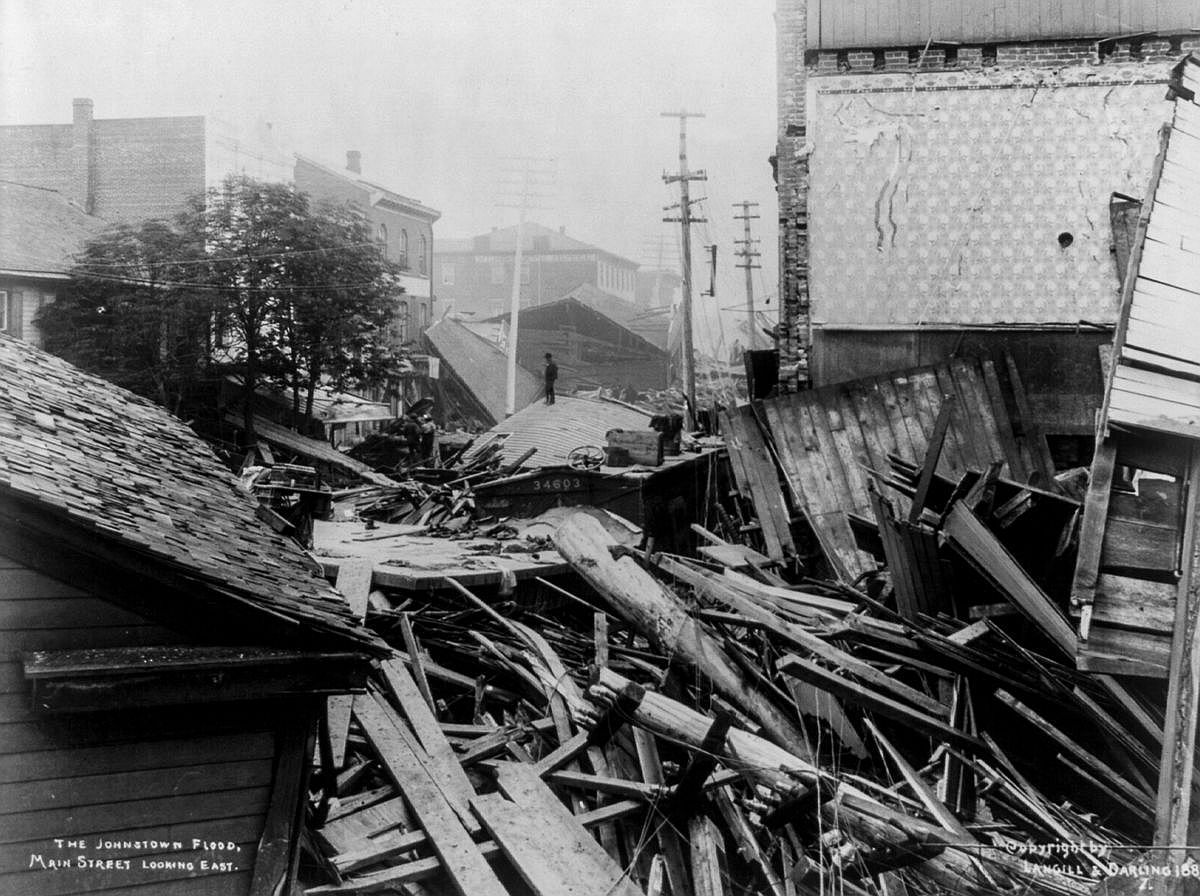 Johnstown's Main Street is choked with debris.  Image: Library of Congress