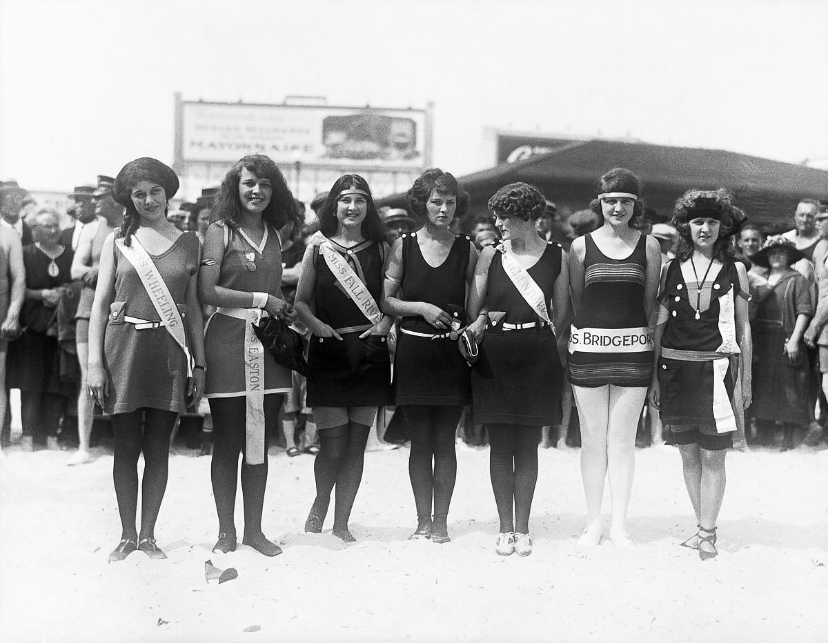 Sept. 9, 1922 - Gorman, far right, poses in swimwear, with Mary Dague as "Miss Wheeling," Dorothy Haupt as "Miss Easton," Helen Lynch as "Miss Fall River," Ellen E. Sherr as "Miss Allentown," and Paula E. Spoettle as "Miss Bridgeport."