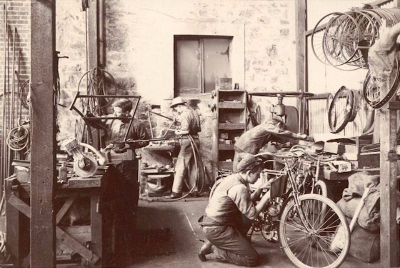 Motorcycle repairs and manufacture inside the McHenry Street workshop, c1904