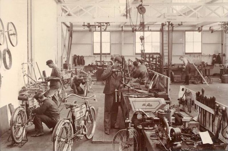 Motorcycle repair and manufacture in the new workshop, c1905-6