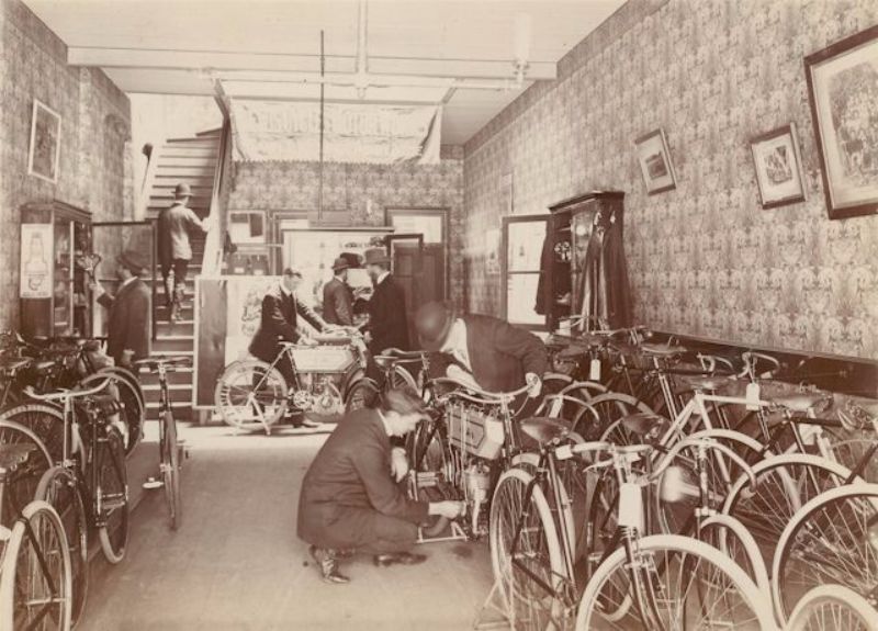 Bicycles and motorcycles in the Gawler Place showroom c1904 
