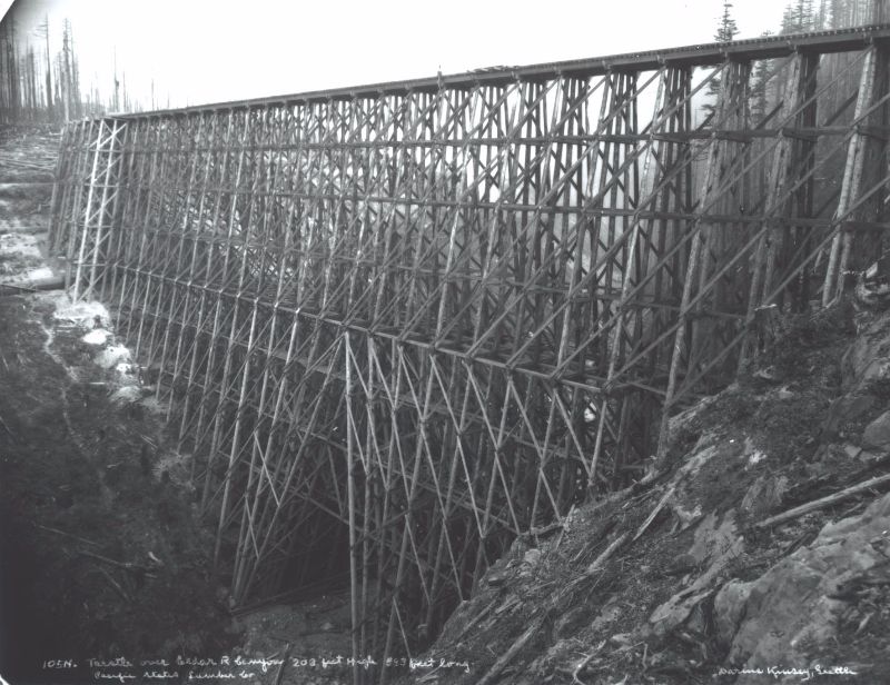 A 203-foot high wall of wood — the Cedar River Logging Trestle in Washington State.