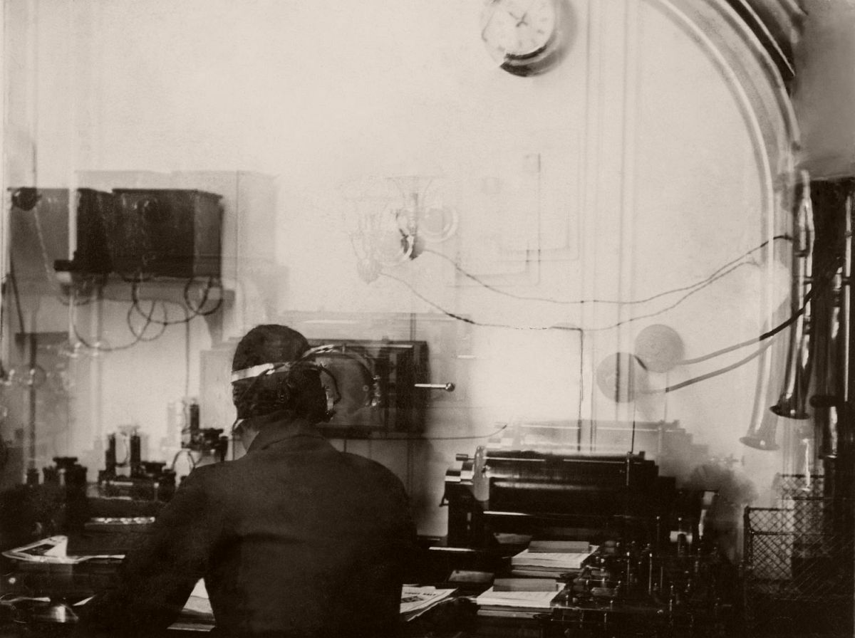 Wireless operator Harold Bride at work in the Marconi Room on the Titanic, 1912.