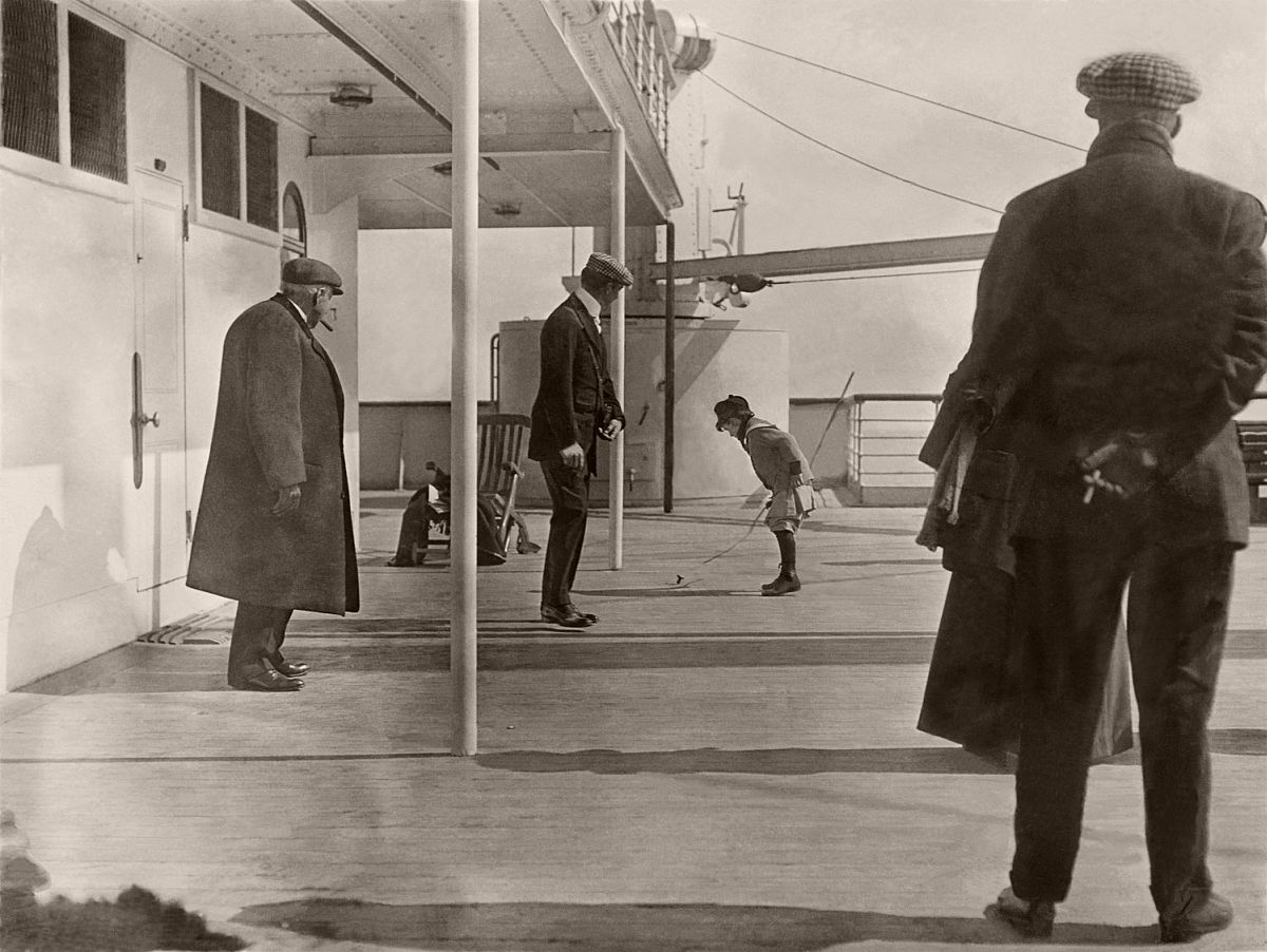 Doug Spedden playing on the deck of the Titanic, April 12 1912.