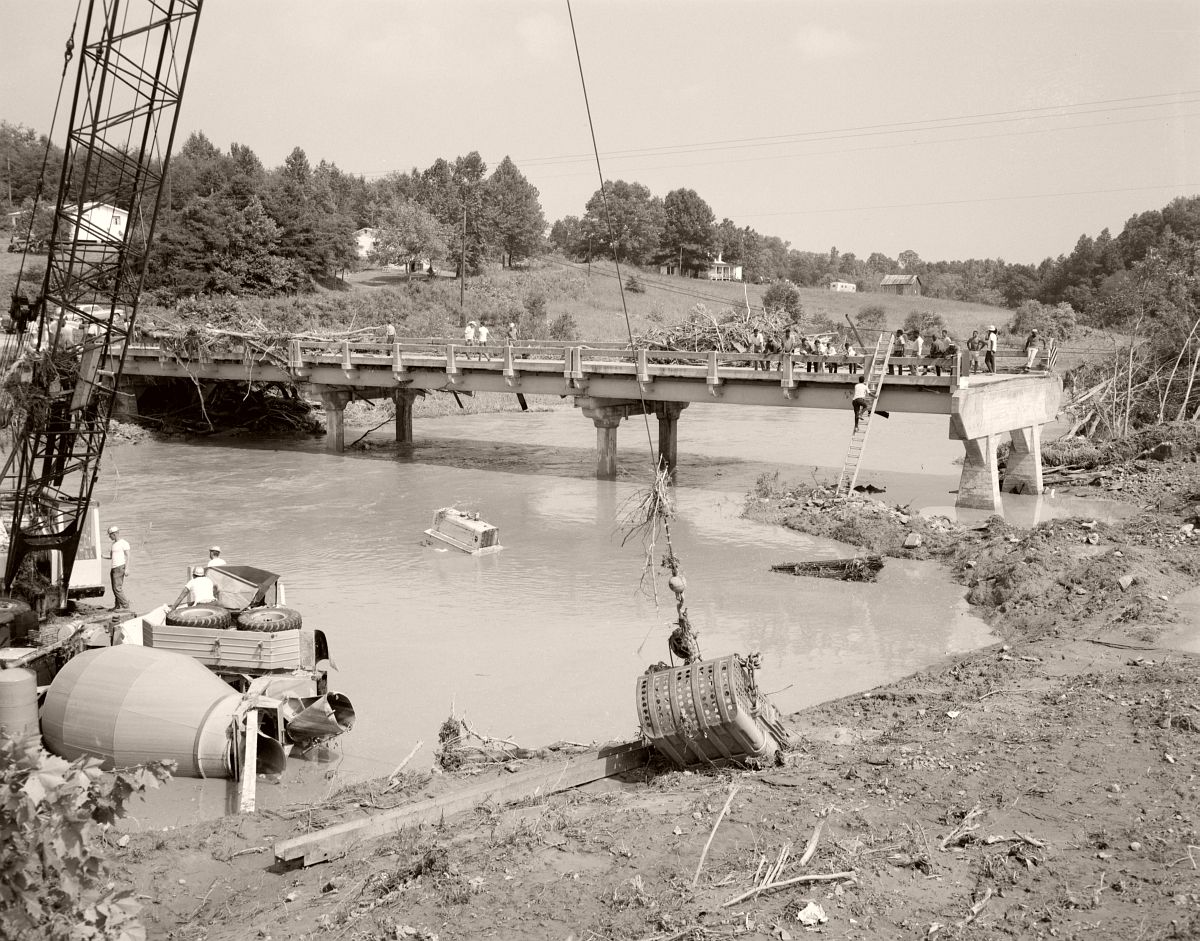 Hurricane Camille flooding washed out the Rt. 29 bridge over the Buffalo River, approximately two miles north of the intersection with Rt. 60 in Amherst County. Photo taken looking north. No. 69-1170, Virginia Governor's Negative Collection, Library of Virginia.