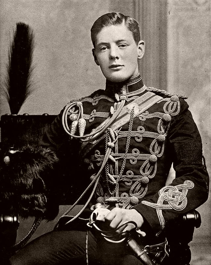 Churchill in the military dress uniform of the Fourth Queen’s Own Hussars at Aldershot in 1895.