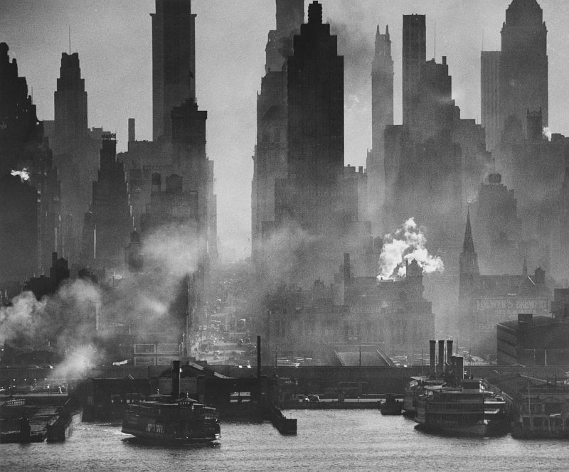 Smoggy waterfront skyline of New York City as seen from the shores of New Jersey, 1946.