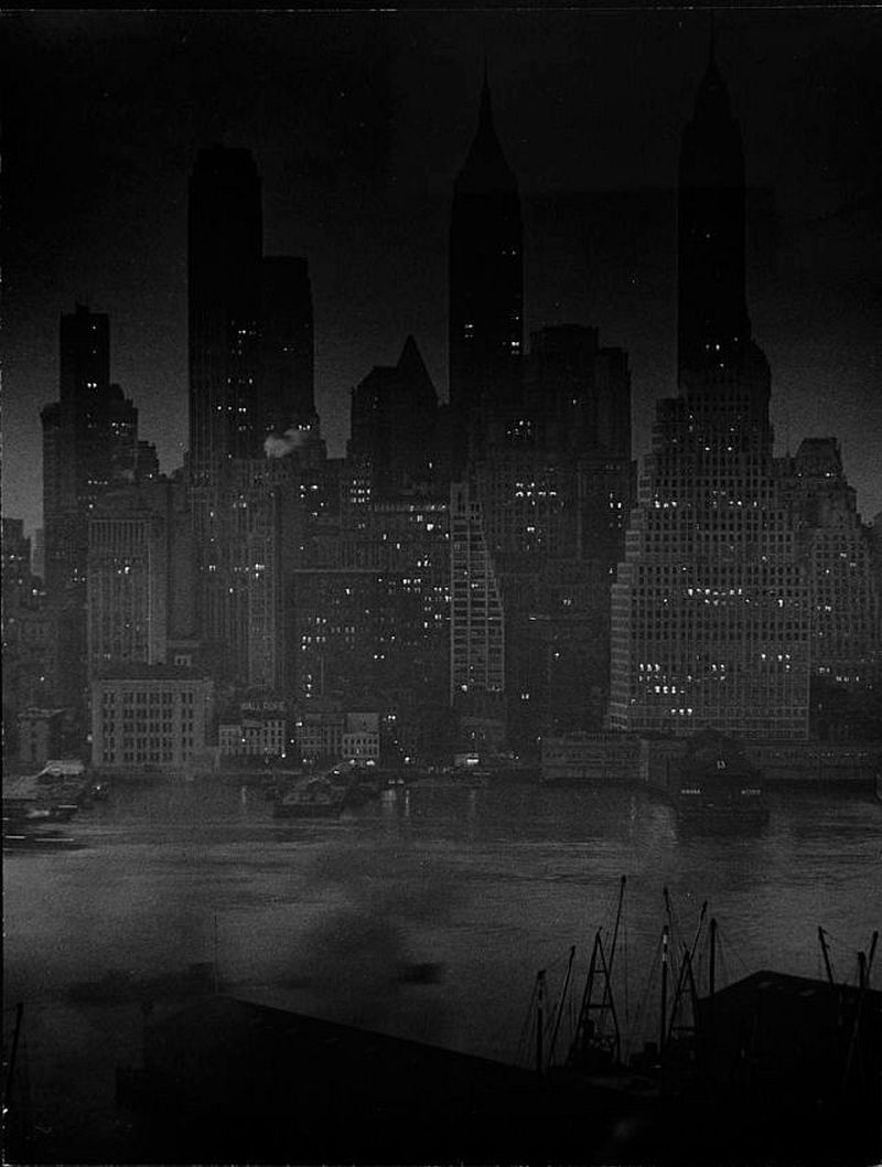 Dimout, downtown Manhattan and East River, 1943.