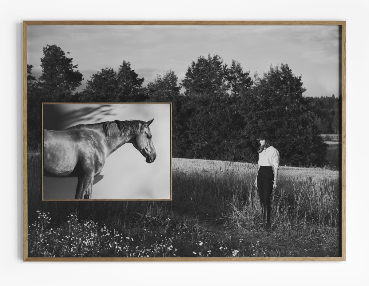Anja Niemi THE SHOW JUMPER AND THE HORSELESS RIDER, 2021 Inkjet on Hahnemuhle Photo Rag Baryta paper Special edition frame with smaller frame inside (behind the glass): 112 x 150 cm / inset 45 x 60 cm Edition of 3 plus 1 artist's proofs