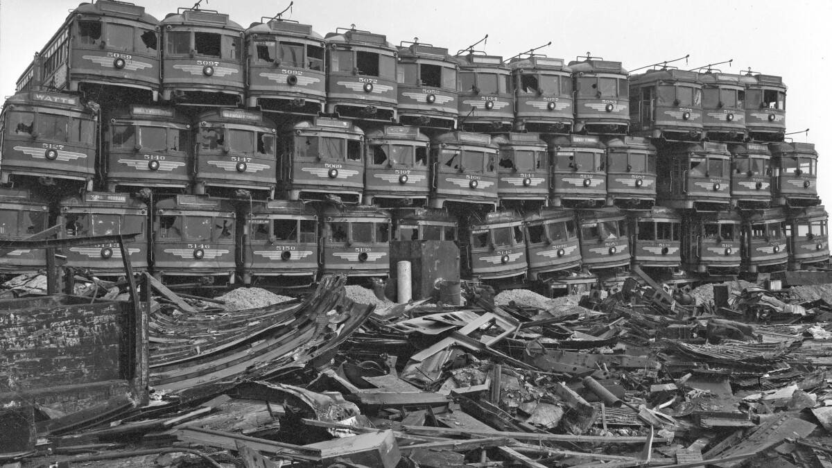 Decommissioned streetcars awaiting destruction in Los Angeles, 1956. (Los Angeles Times photographic archive)
