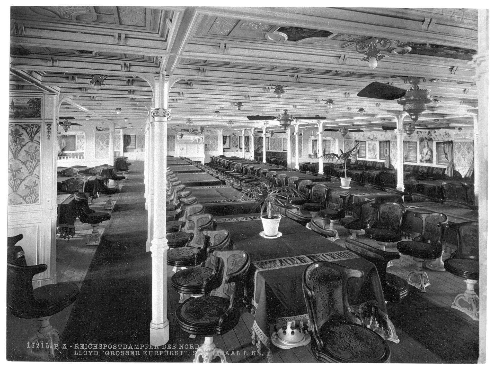 "Grosser Kurfurst," dining room, first class, North German Lloyd, Royal Mail Steamers