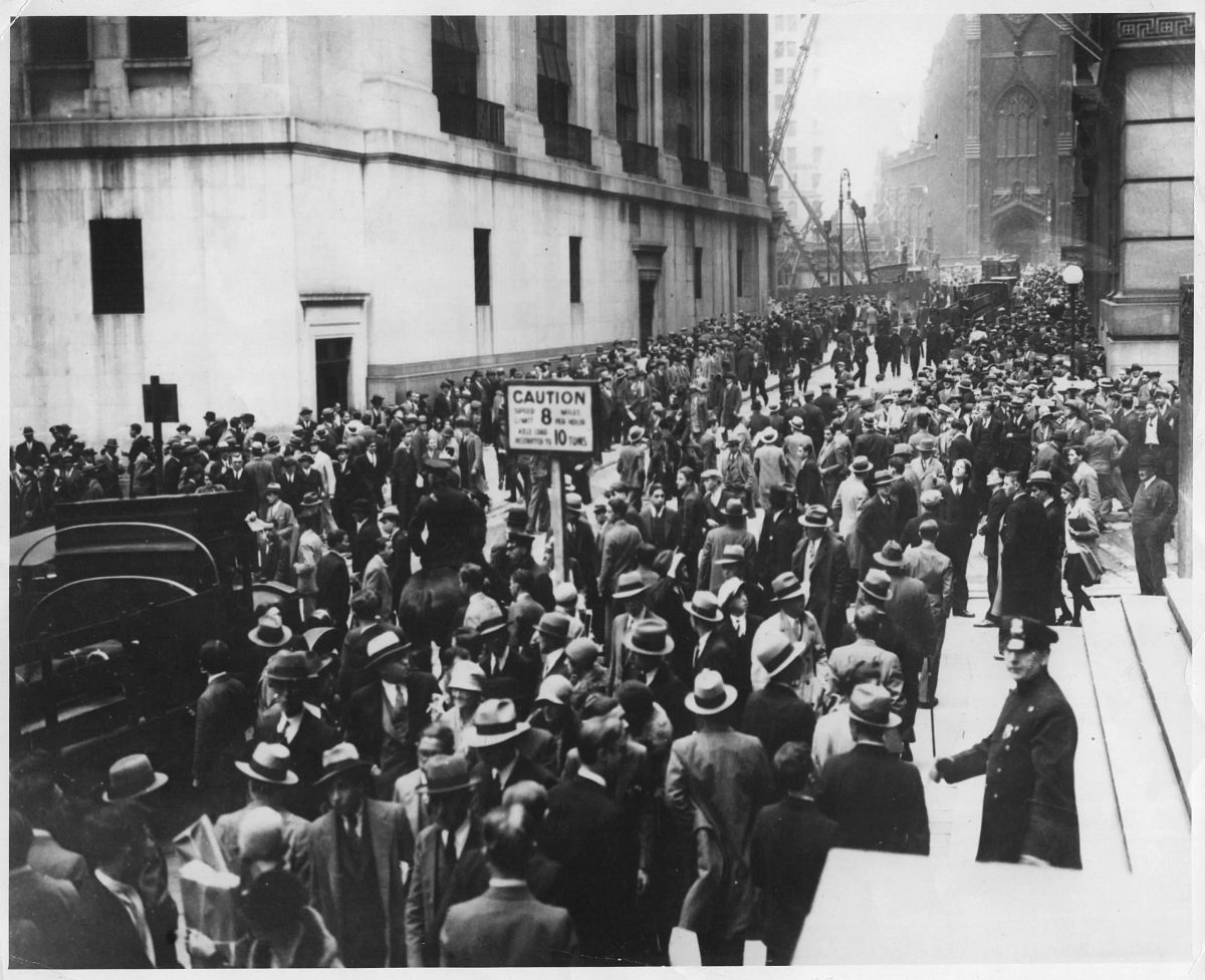 Wall Street in panic due to heavy trading. October, 1929