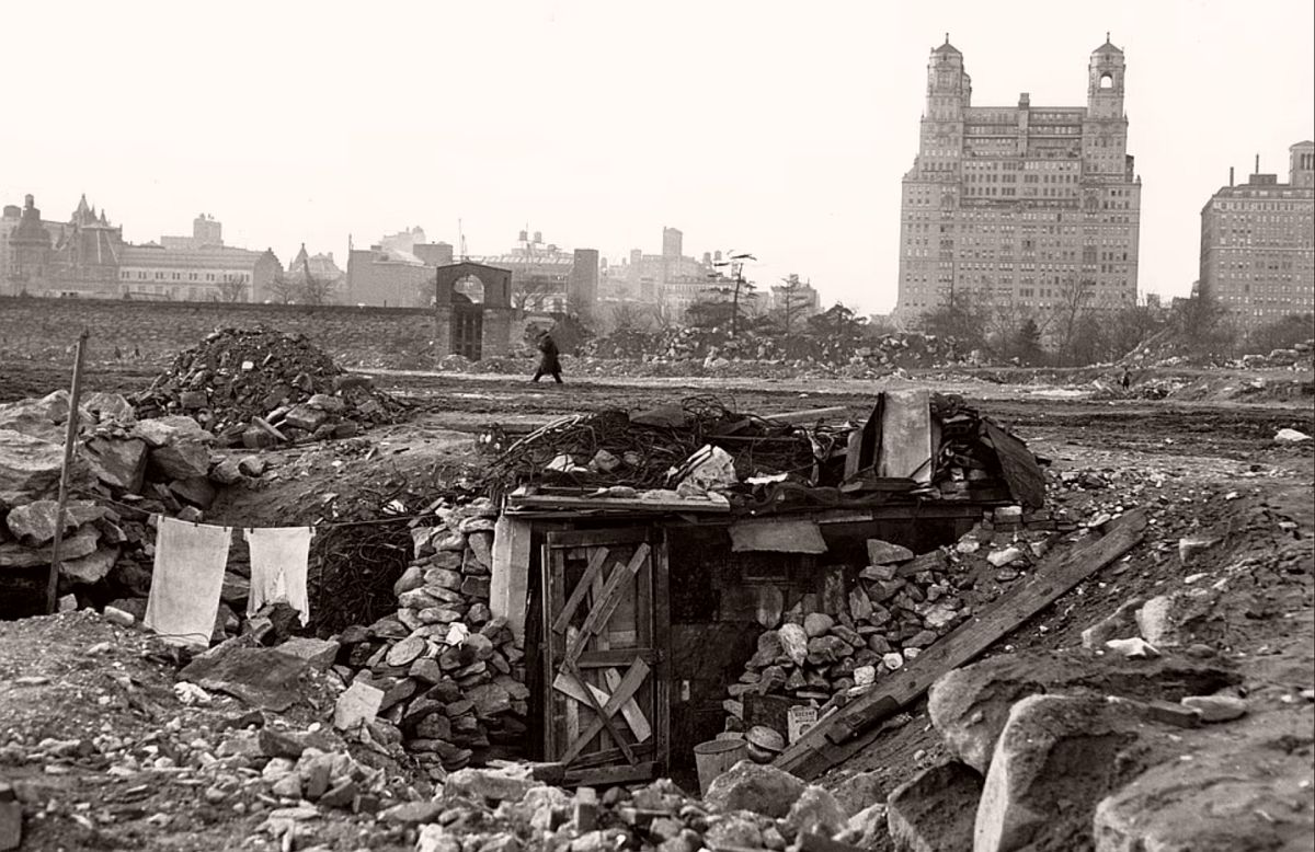 'Hoovervilles' like the one pictured above in Central Park, were named after President Herbert Hoover who was blamed for the economic crises. The landmark Beresford building in the background looms over the Central Park construction site that was overtaken by squatters after construction work was suspended during Depression era budget deficits. The Beresford was completed weeks before the stock market crashed in 1929. It is considered to be one New York City's finest apartment buildings with famous past and current residents including: Jerry Seinfeld, Meryl Streep, Calvin Klein, Tatum O'Neil, Diane Sawyer, John McEnroe and Meyer Lansky