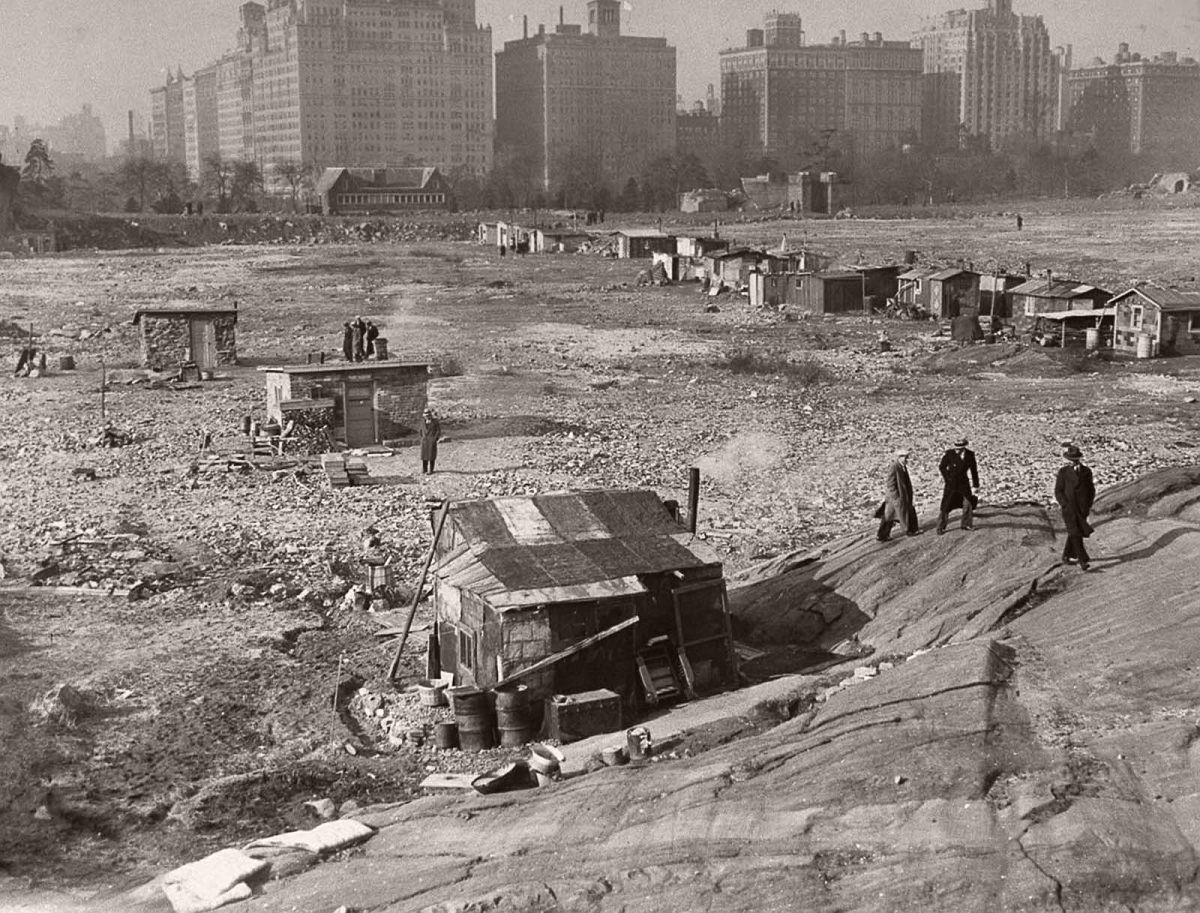 Visitors tour the Hooverville in Central Park. 1933.