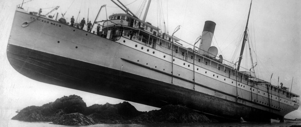 Vintage: Princess May aground on Sentinel Island (1910)