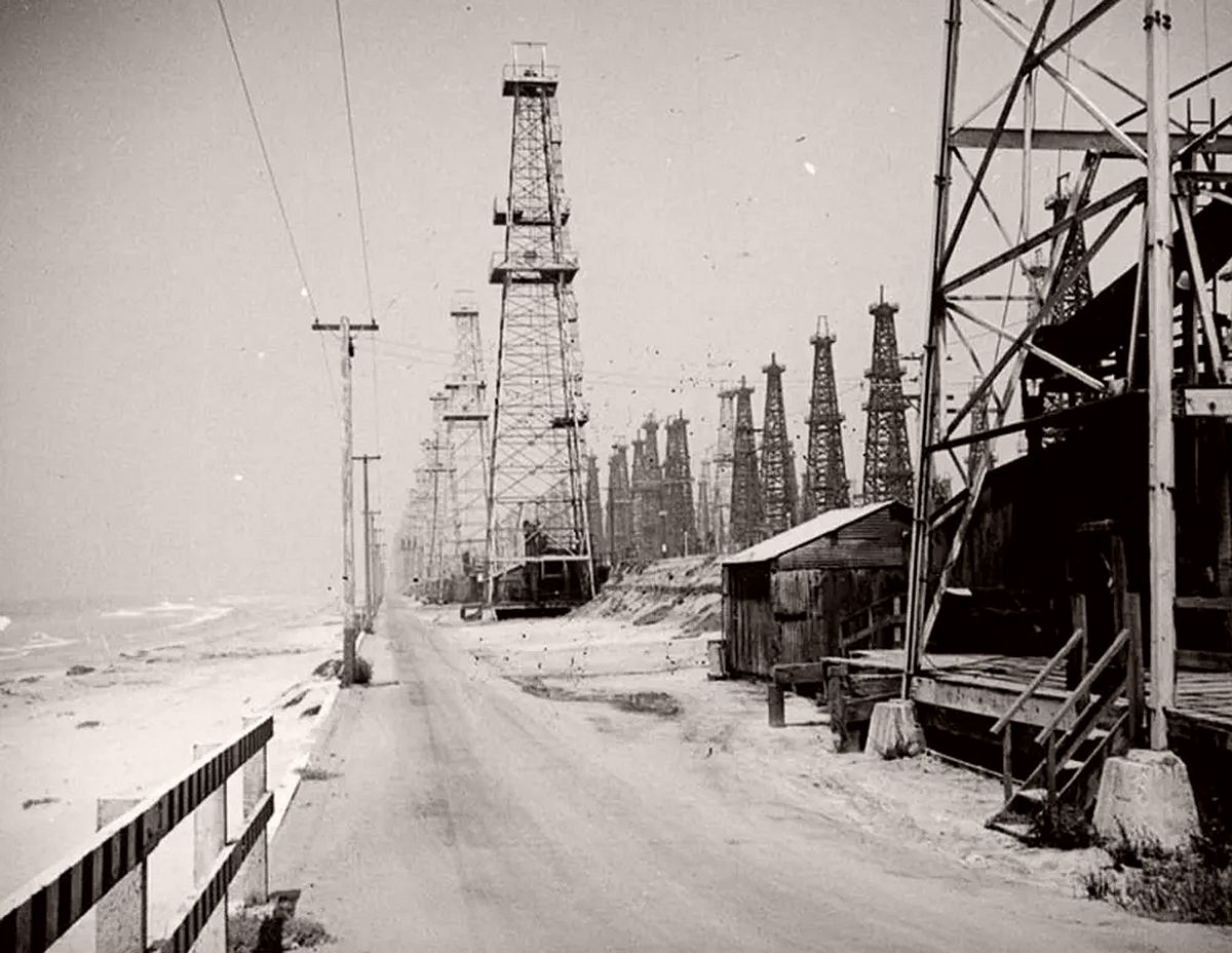 Oil derricks on Huntington Beach. 1937.