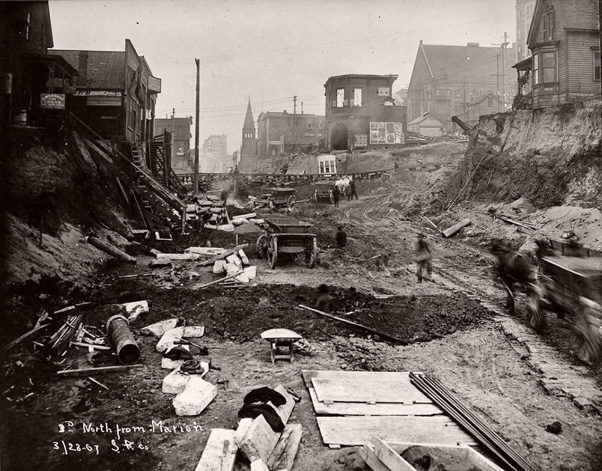 Third Avenue north of Marion Street is flattened out in the first Denny regrade. 1907.