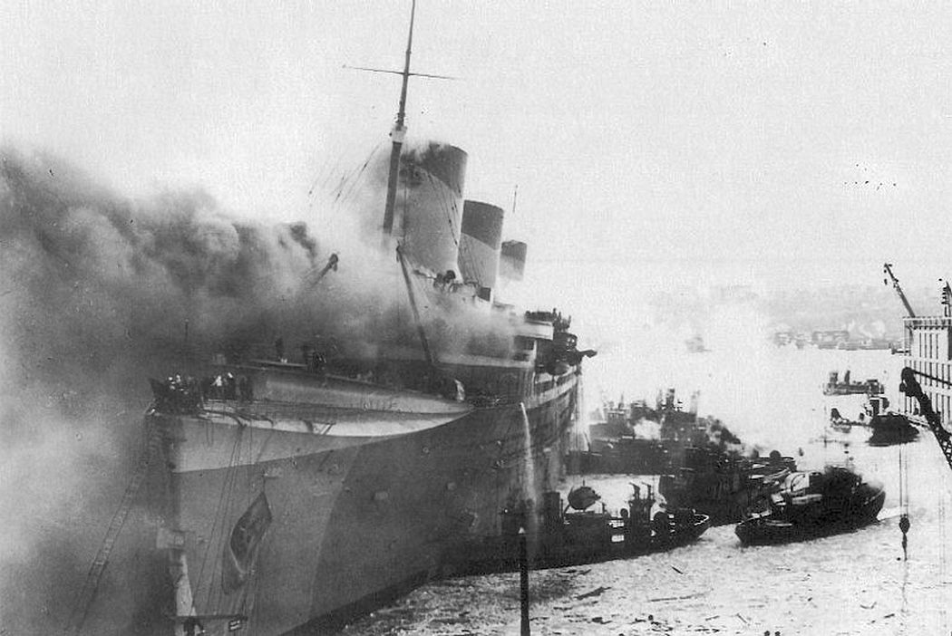 Lafayette (AP-53) afire at New York Harbor on 9 February 1942