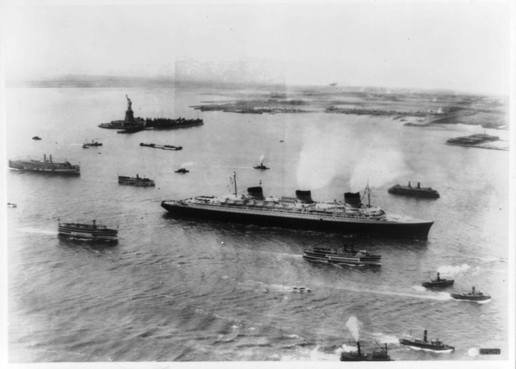 The SS Normandie arriving in New York Harbor on maiden voyage.